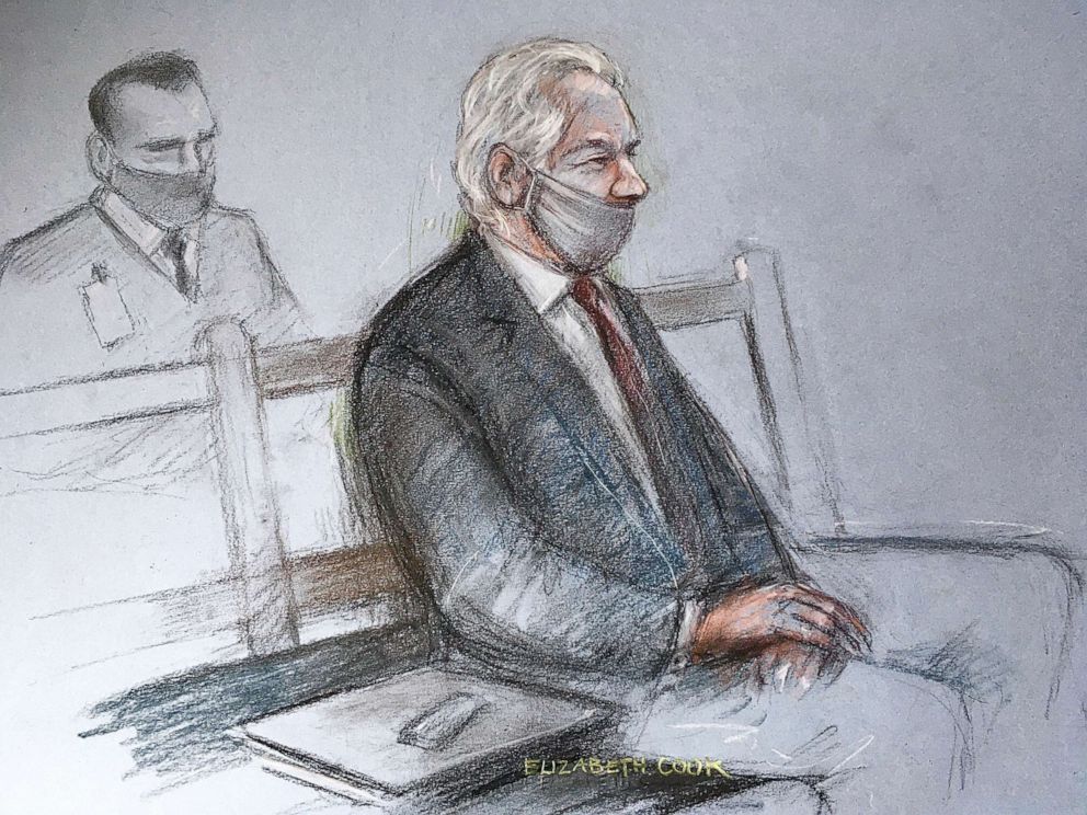 PHOTO: A court artist sketch by Elizabeth Cook shows Julian Assange appearing at the Old Bailey in London for the ruling in his extradition case, in London, Jan. 4, 2021. A British judge has rejected the United States' request to extradite Assange.
