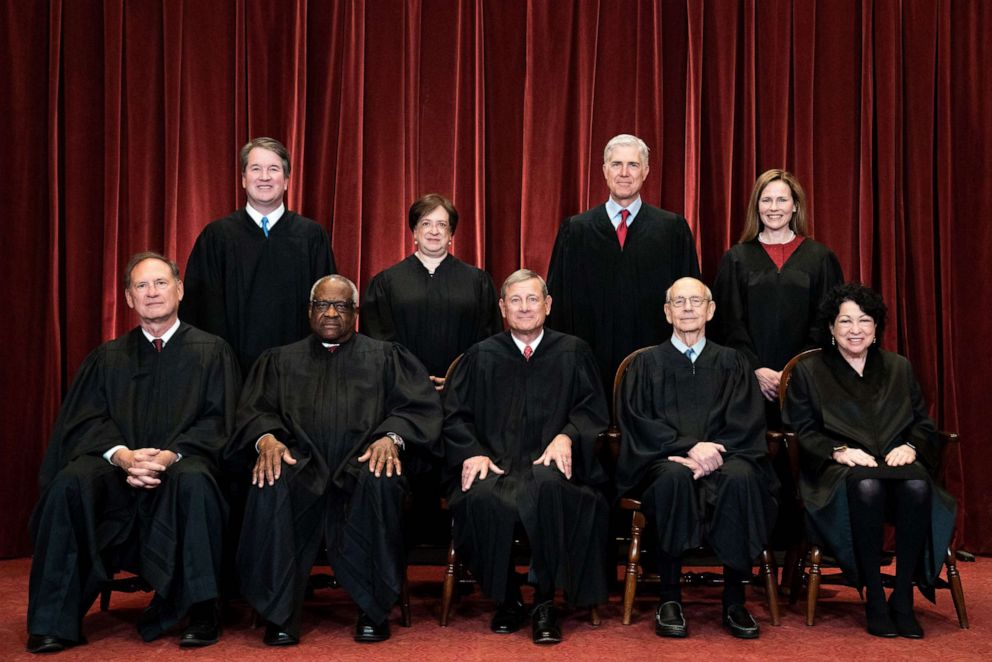 PHOTO: Supreme Court justices pose during for a group photo at the Supreme Court in Washington on April 23, 2021.