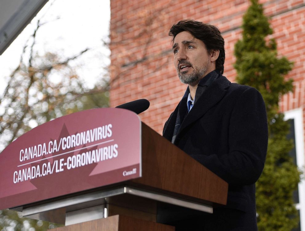 PHOTO: Canada's Prime Minister Justin Trudeau speaks during his daily press conference on the coronavirus pandemic outside of his residence at Rideau Cottage in Ottawa, Ontario, April 5, 2020.