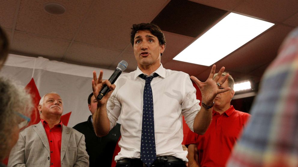 PHOTO: Canada's Prime Minister Justin Trudeau campaigns at federal liberal candidate Lenore Zann's office for the upcoming election in Truro, Nova Scotia, Sept. 18, 2019.