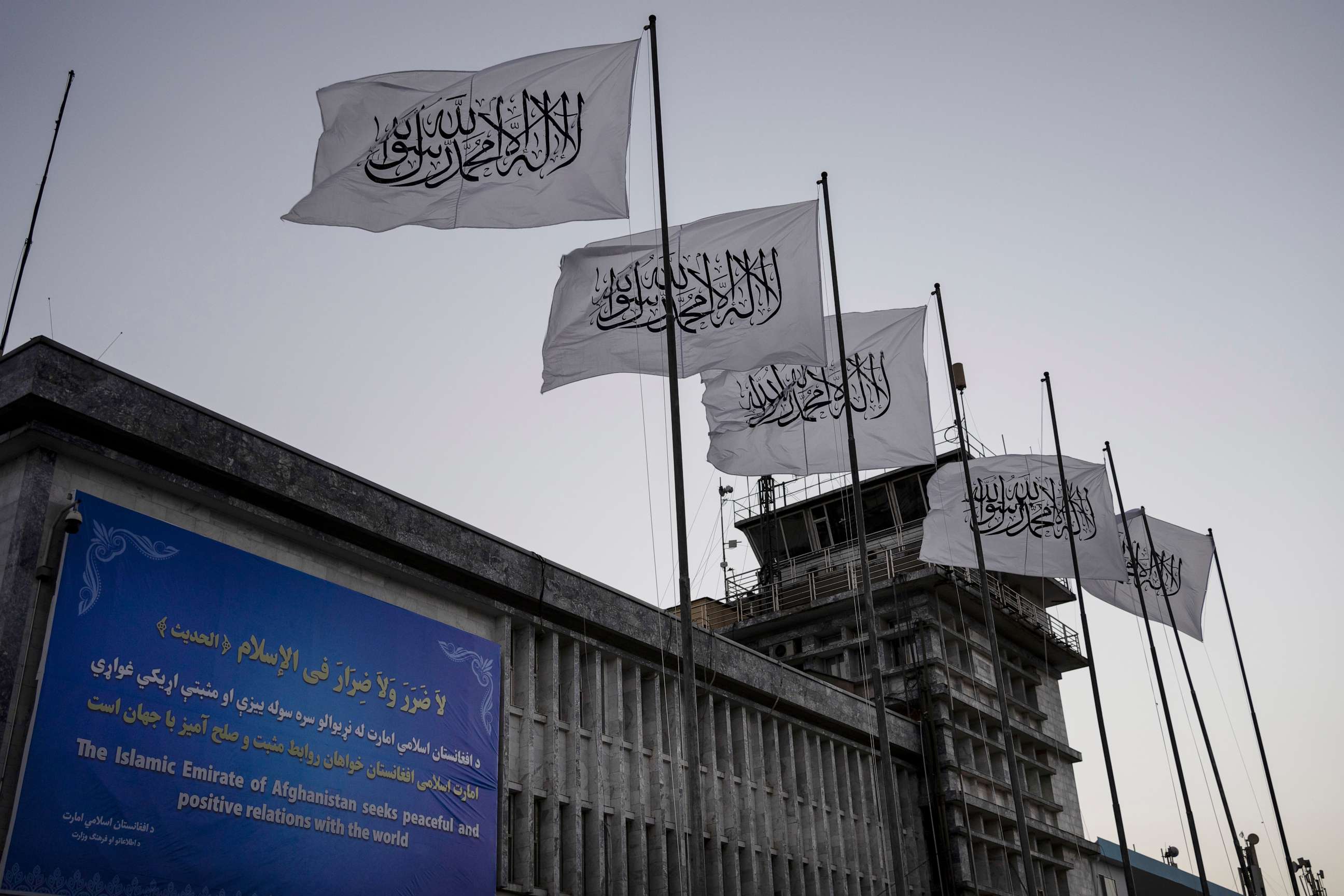 PHOTO: Taliban flags fly at the airport in Kabul, Afghanistan, Sept. 9, 2021