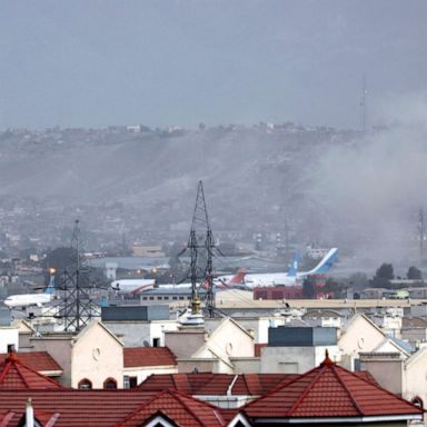 PHOTO: Smoke rises from explosion outside the airport in Kabul, Aug. 26, 2021. The explosion went off outside Kabul Airport, where thousands of people have flocked as they try to flee the Taliban takeover of Afghanistan. 