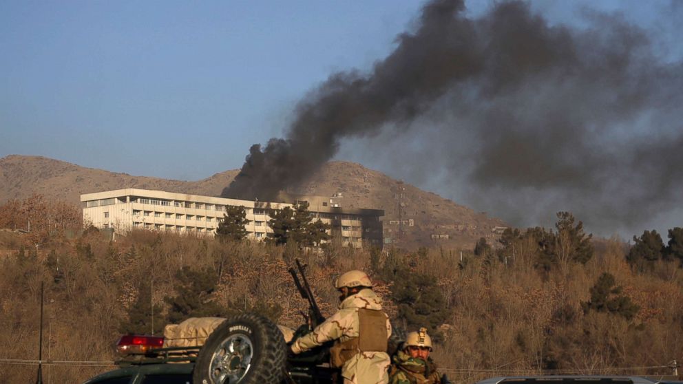 PHOTO: Black smoke rises from the Intercontinental Hotel after an attack in Kabul, Afghanistan, Jan. 21, 2018.