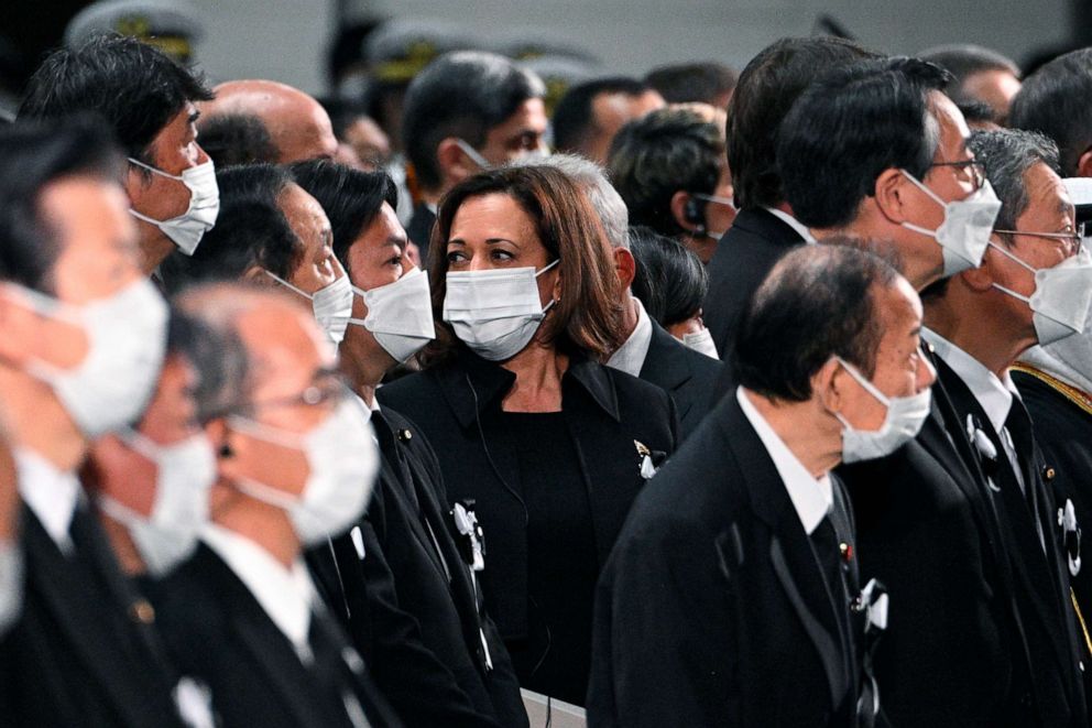 PHOTO: U.S. Vice President Kamala Harris, center, attends the state funeral of former Japanese Prime Minister Shinzo Abe at the Nippon Budokan in Tokyo, Sept. 27, 2022.