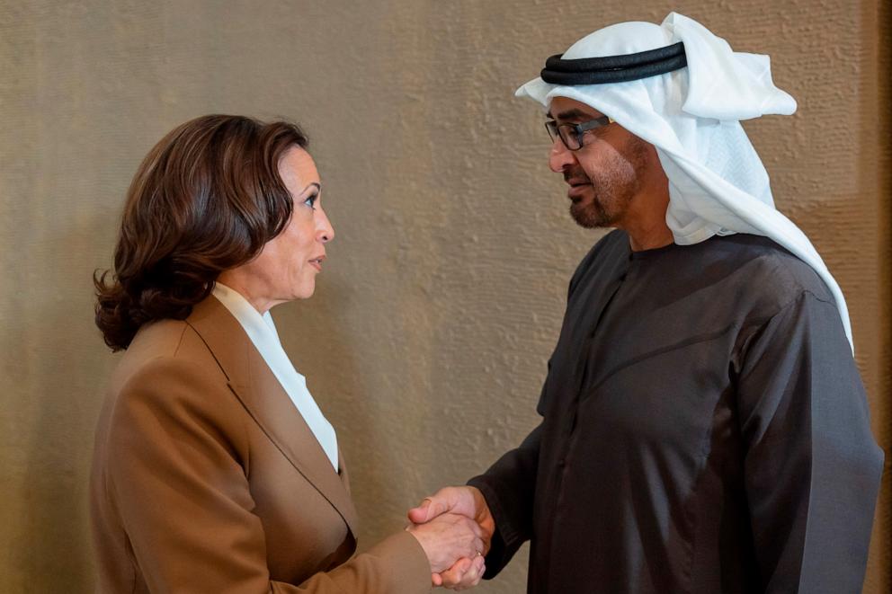 PHOTO: A handout picture provided by the UAE Presidential Court shows President of the United Arab Emirates Sheikh Mohamed bin Zayed Al Nahyan (R) meeting with US Vice President Kamala Harris during the COP28 climate summit in Dubai on December 2, 2023. 