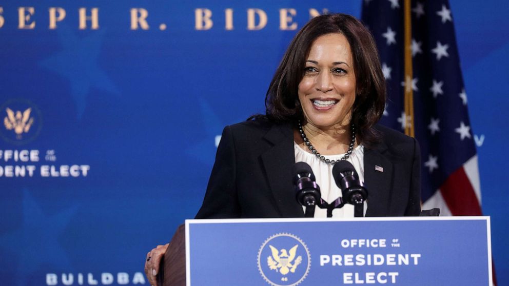 PHOTO: Vice President-elect Kamala Harris speaks as she and President-elect Joe Biden announce nominees and appointees at the transition headquarters in Wilmington, Del., Dec. 1, 2020.