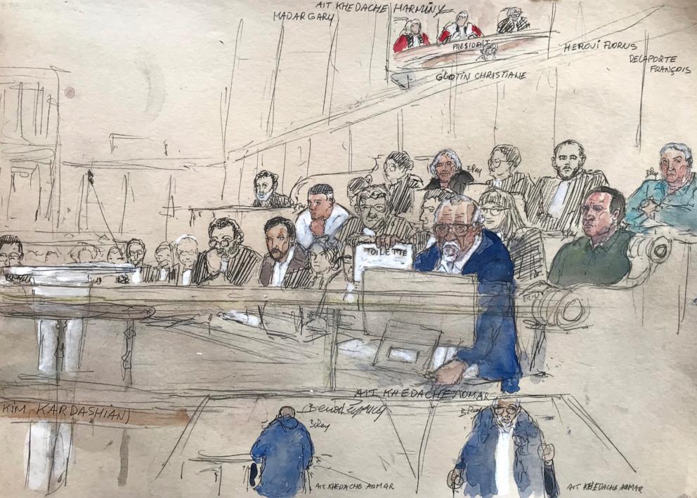 PHOTO: This court sketch made on April 28, 2025 shows defendants during the trial for the 2016 robbery and kidnapping of US celebrity Kim Kardashian at the Assize Court of Paris, on April 28, 2025.