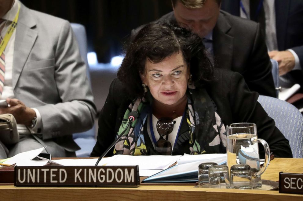PHOTO: British Ambassador to the U.N. Karen Pierce speaks during a meeting of the United Nations Security Council at UN headquarters, Sept. 17, 2018, in New York City.