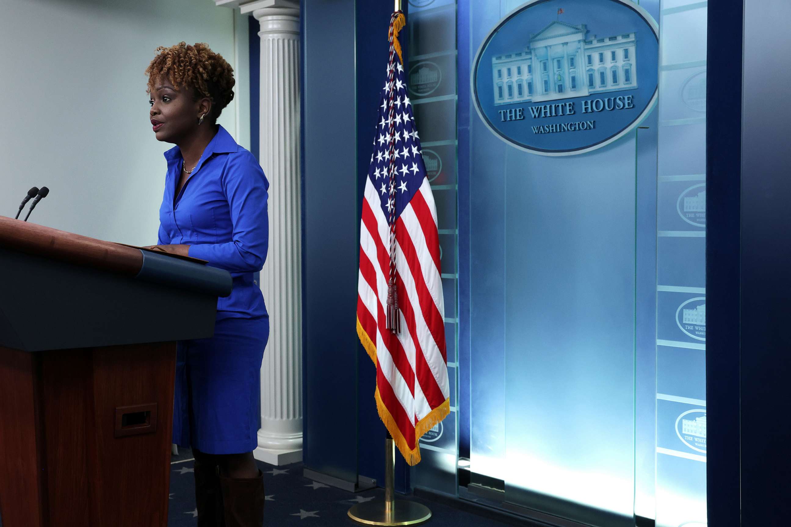 PHOTO: White House Press Secretary Karine Jean-Pierre speaks during a daily news briefing at the James S. Brady Press Briefing Room of the White House on May 2, 2023, in Washington, D.C.