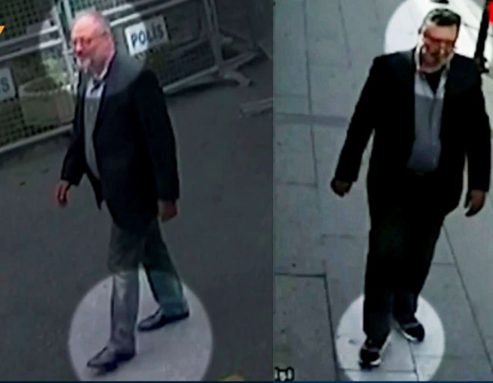 Images from police CCTV, available through Turkish Newspaper Sabah, allegedly show Jamal Khashoggi, left, arriving at the Saudi Arabian consulate in Istanbul on Oct. 2, and a man leaving the consulate, right, with a fake beard and wearing on Oct. 10.