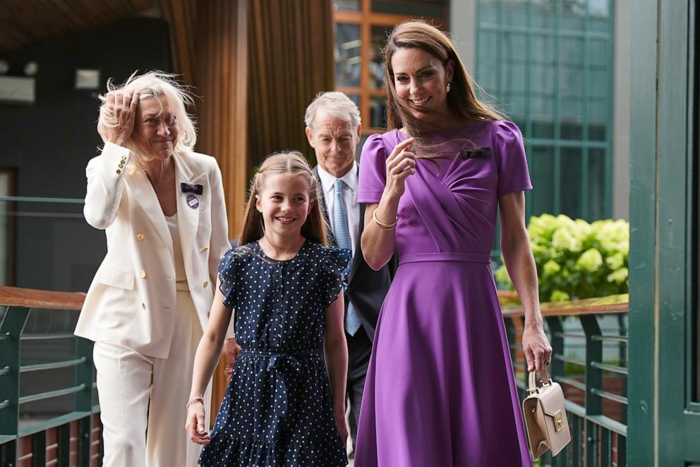 PHOTO: Britain's Catherine, Princess of Wales and Princess Charlotte on day fourteen of the 2024 Wimbledon Championships at the All-England Lawn Tennis and Croquet Club, London, July 14, 2024.