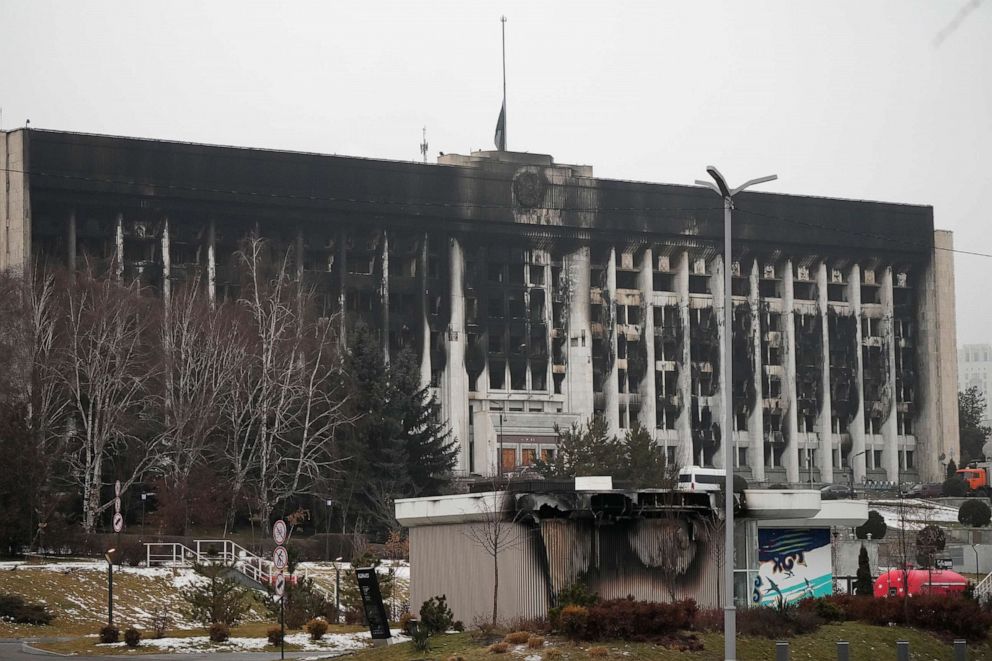 PHOTO: A view of the city hall building after clashes in the central square blocked by Kazakhstan troops and police in Almaty, Kazakhstan, Jan. 10, 2022.