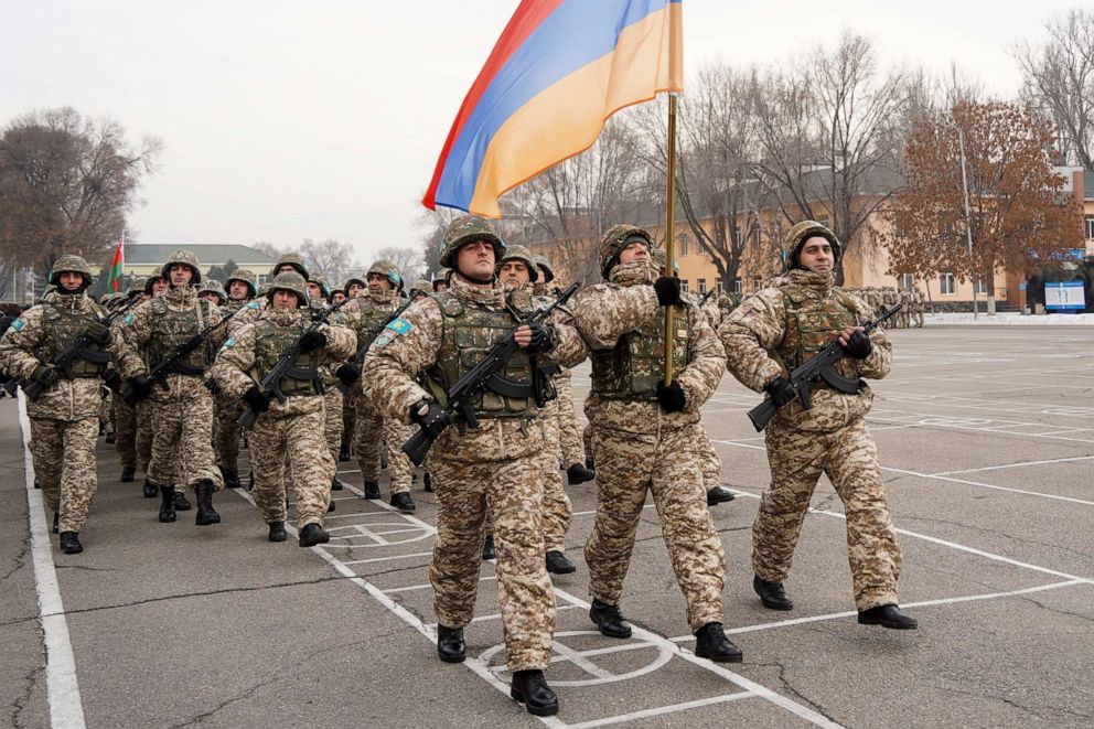 PHOTO: Armenian peacekeepers of the Collective Security Treaty Organization attend the official ceremony of starting withdraw its troops in Almaty, Kazakhstan, Jan. 13, 2022.