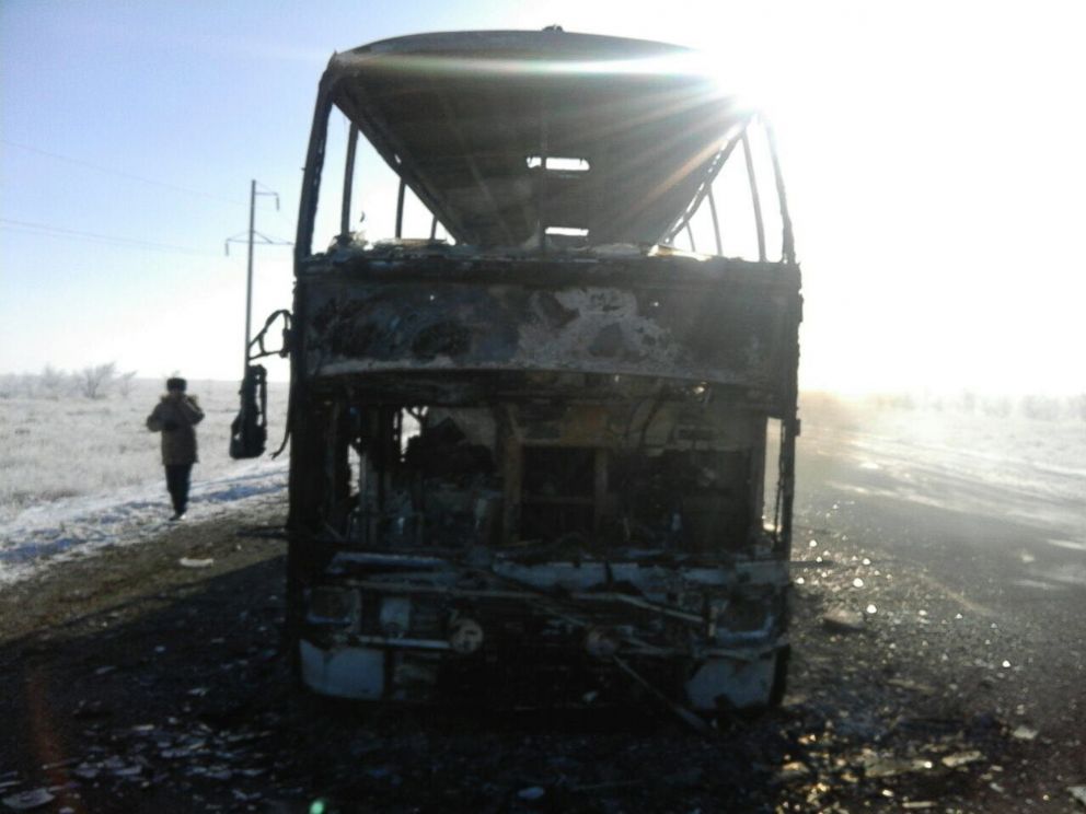 PHOTO: A burned out bus in the Aktobe Region of northwest Kazakhstan, Jan. 18, 2018.