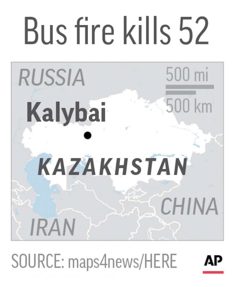 PHOTO: Map locates Kalybai, Kazakhstan, near where 52 people died in a bus fire.