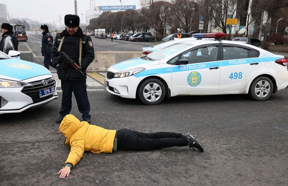 PHOTO: Police officers detain people in Almaty, Kazakhstan, Jan. 10, 2021.