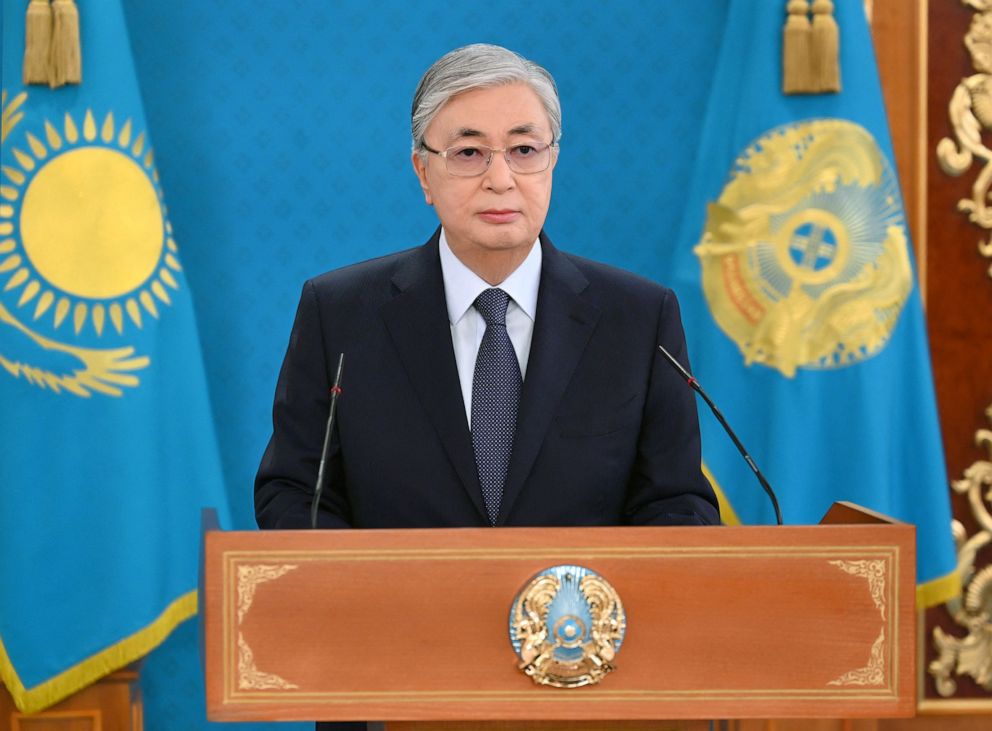 PHOTO: Kazakh President Kassym-Jomart Tokayev speaks during a televised address to the nation following the protests triggered by fuel price increase in Nur-Sultan, Kazakhstan, Jan. 7, 2022. 