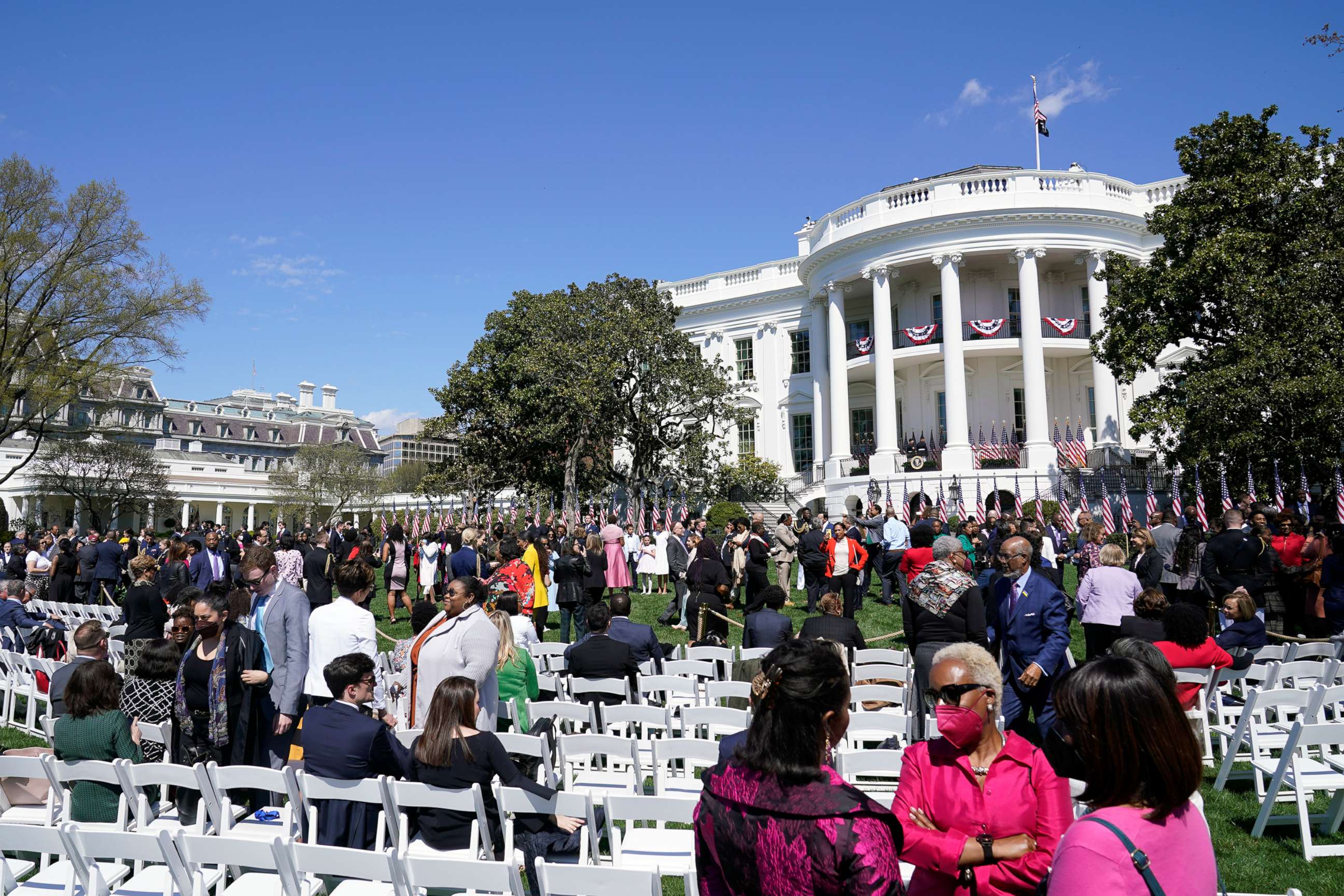 PHOTO: Guests begin to gather on the South Lawn of the White House where President Joe Biden, accompanied by Vice President Kamala Harris and Judge Ketanji Brown Jackson, will celebrate the confirmation of Jackson, April 8, 2022.