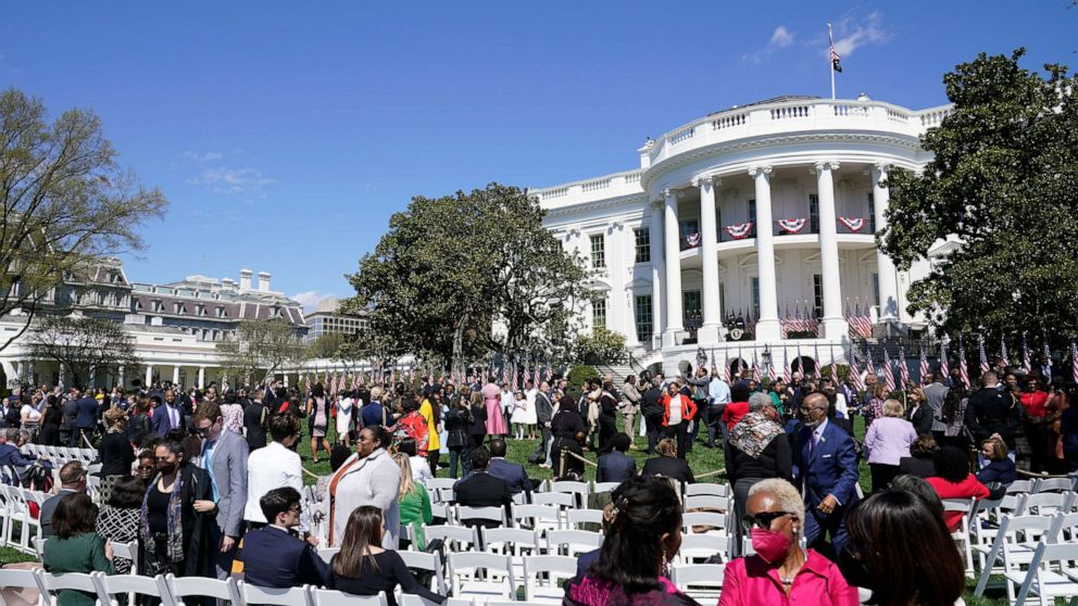 PHOTO: Guests begin to gather on the South Lawn of the White House where President Joe Biden, accompanied by Vice President Kamala Harris and Judge Ketanji Brown Jackson, will celebrate the confirmation of Jackson, April 8, 2022.
