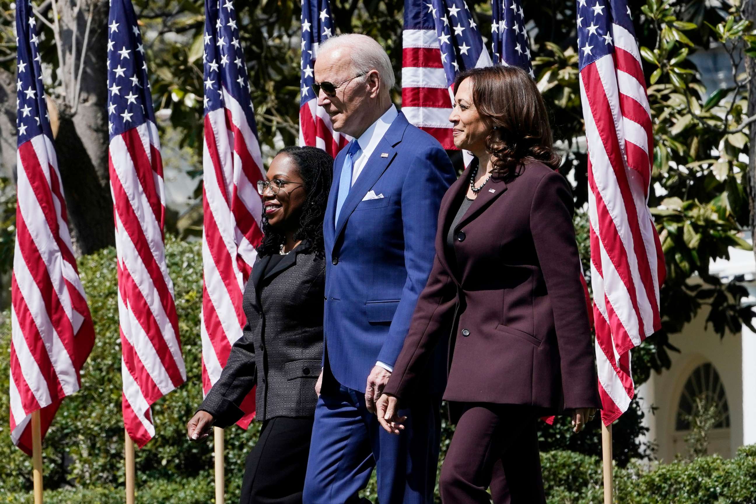 President Joe Biden, Vice President Kamala Harris, right, and Judge Ketanji Brown Jackson, arrive for an event at the White House in Washington, April 8, 2022, celebrating the confirmation of Jackson as the first Black woman to reach the Supreme Court