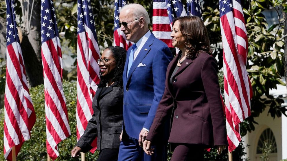 President Joe Biden, Vice President Kamala Harris, right, and Judge Ketanji Brown Jackson, arrive for an event at the White House in Washington, April 8, 2022, celebrating the confirmation of Jackson as the first Black woman to reach the Supreme Court