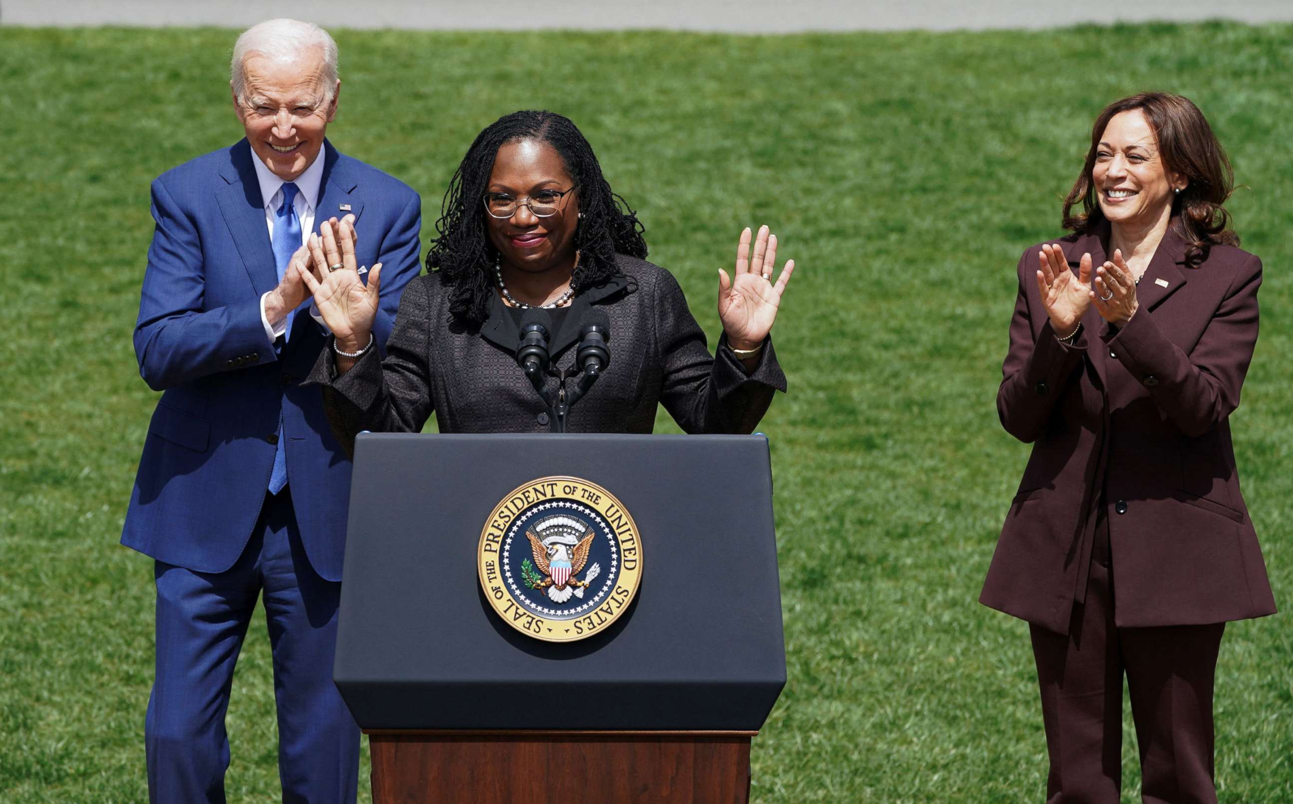PHOTO: Judge Ketanji Brown Jackson acknowledges the cheers of the crowd while President Joe Biden and Vice President Kamala Harris applaud as Jackson speaks on the South Lawn at the White House in Washington, April 8, 2022.