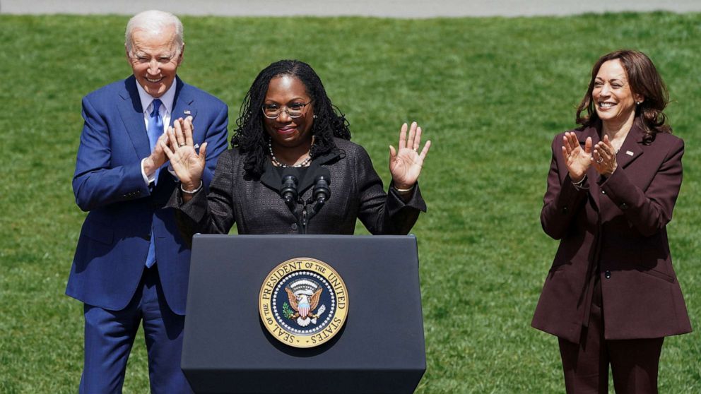 PHOTO: Judge Ketanji Brown Jackson acknowledges the cheers of the crowd while President Joe Biden and Vice President Kamala Harris applaud as Jackson speaks on the South Lawn at the White House in Washington, April 8, 2022.