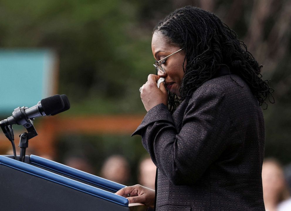 PHOTO: Judge Ketanji Brown Jackson wipes tears as she delivers remarks during a White House celebration of her confirmation as the first Black woman to serve on the U.S. Supreme Court, on the South Lawn at the White House in Washington, April 8, 2022.