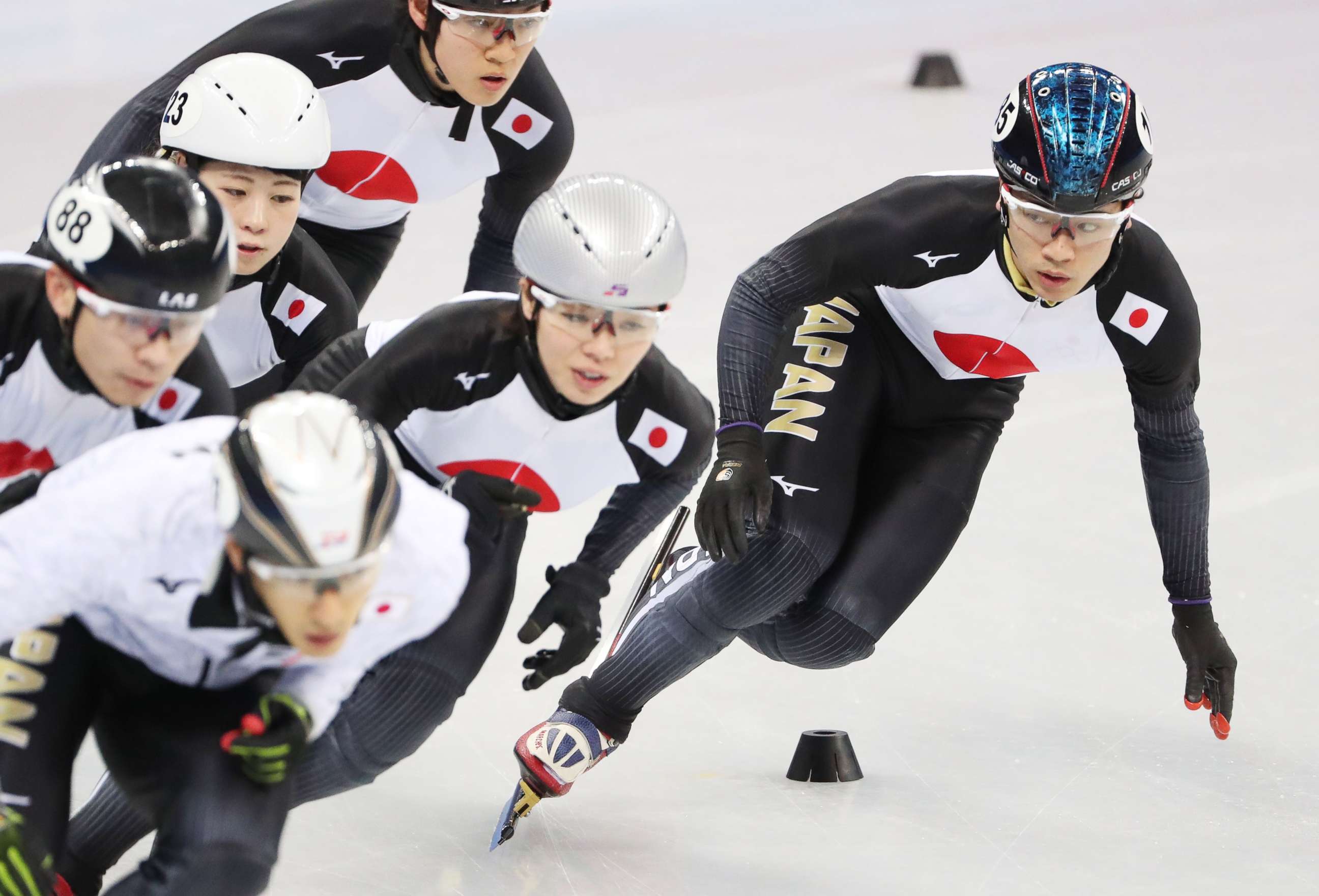 PHOTO: Short track speed skater Kei Saito (R) of Japan during a training session with teammates prior to the PyeongChang 2018 Olympic Gams in Gangneung, South Korea, Feb. 6, 2018.
