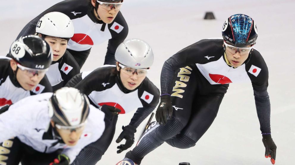 Short track speed skater Kei Saito (R) of Japan during a training session with teammates prior to the PyeongChang 2018 Olympic Gams in Gangneung, South Korea, Feb. 6, 2018. On Feb. 13, Saito became the first athlete to be suspended for a positive drug test during the PyeongChang Olympic Games 2018.