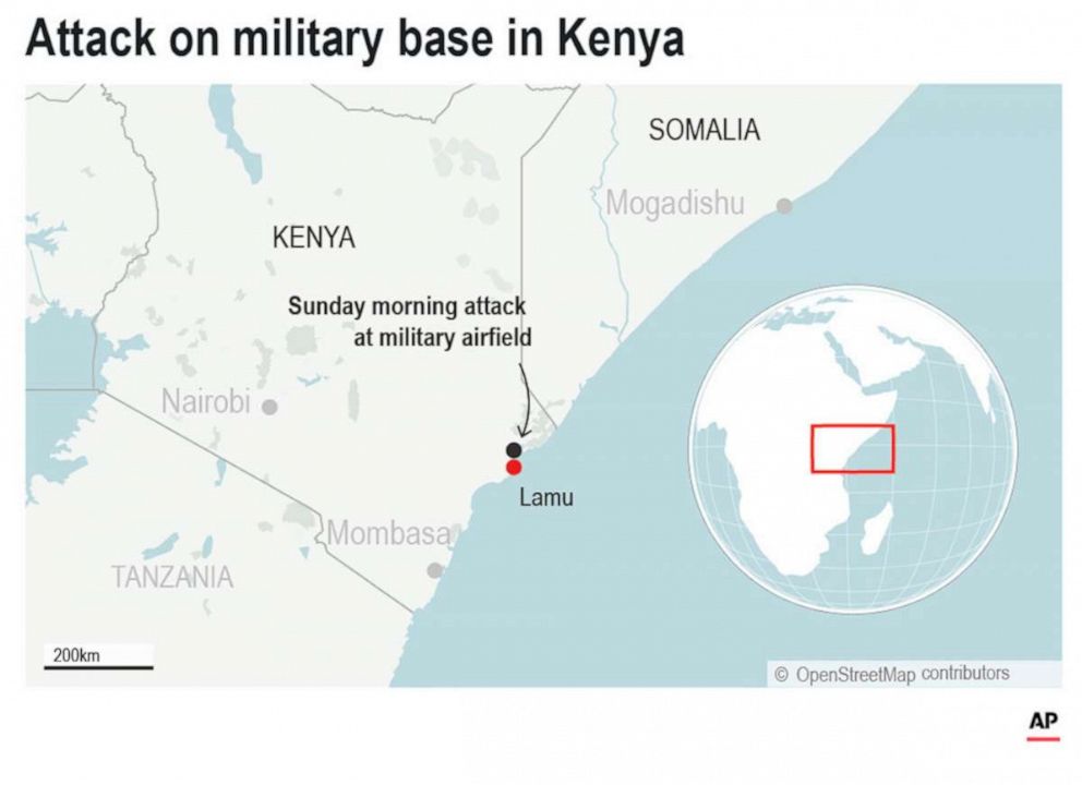 PHOTO: The al-Shabab extremist group said Sunday, Jan. 5, 2020, that it has attacked the Camp Simba military base used by U.S. and Kenyan troops in coastal Kenya.