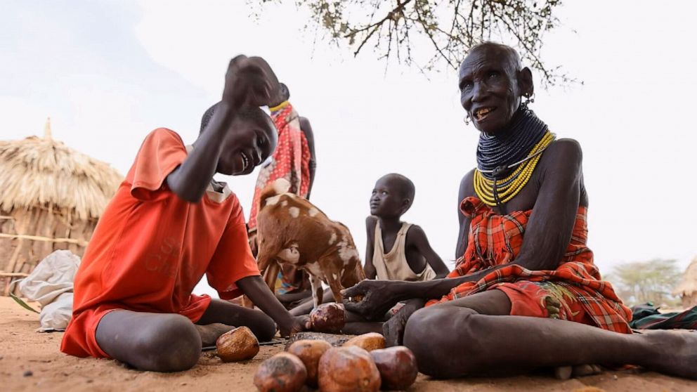 PHOTO: Nakaleso Lobuin Nipayan, right, and her grandchildren prepare palm fruit to feed themselves and their livestock in rural Turkana County, northwestern Kenya, in May 2022.