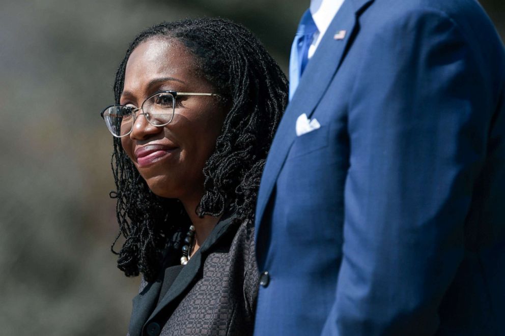 PHOTO: Judge Ketanji Brown Jackson attends an event celebrating her confirmation to the U.S. Supreme Court on the South Lawn of the White House, alongside President Joe Biden, April 8, 2022.