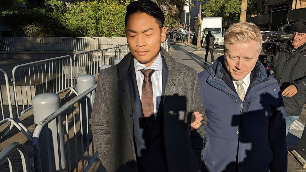 PHOTO: Anthony Rapp, right, and Ken Ithiphol arrive  for a civil case against actor Kevin Spacey at a federal courthouse in lower Manhattan in New York, Oct. 20, 2022.