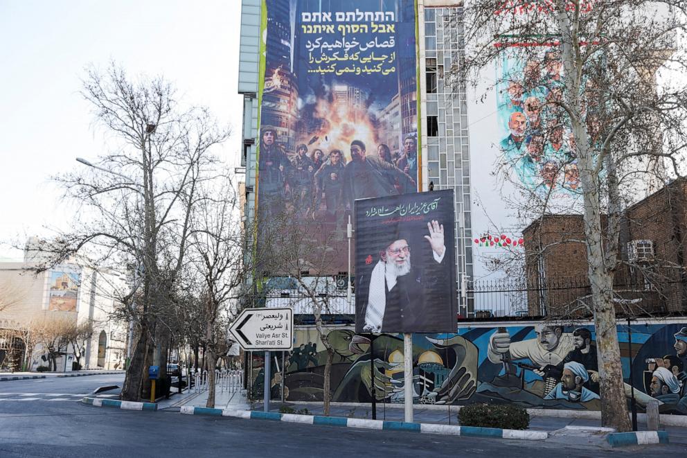 PHOTO: A sign in tribute to Iran's late Supreme Leader Ayatollah Ali Khamenei is displayed on a street, after he was killed in Israeli and U.S. strikes on Saturday, in Tehran, Iran, March 4, 2026.