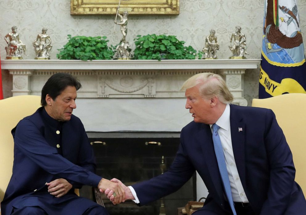PHOTO: President Donald Trump greets Pakistan's Prime Minister Imran Khan in the Oval Office at the White House in Washington, July 22, 2019.