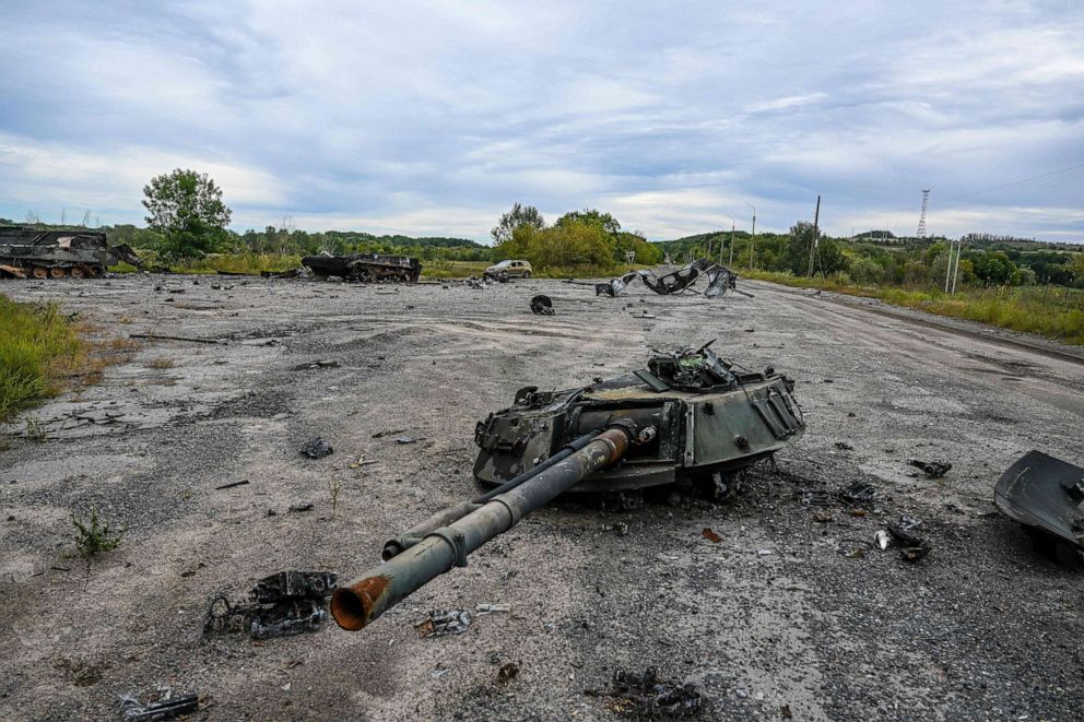 PHOTO: A destroyed military tank lies on the ground in Balakliya, the Kharkiv region of Ukraine, on Sept. 10, 2022.
