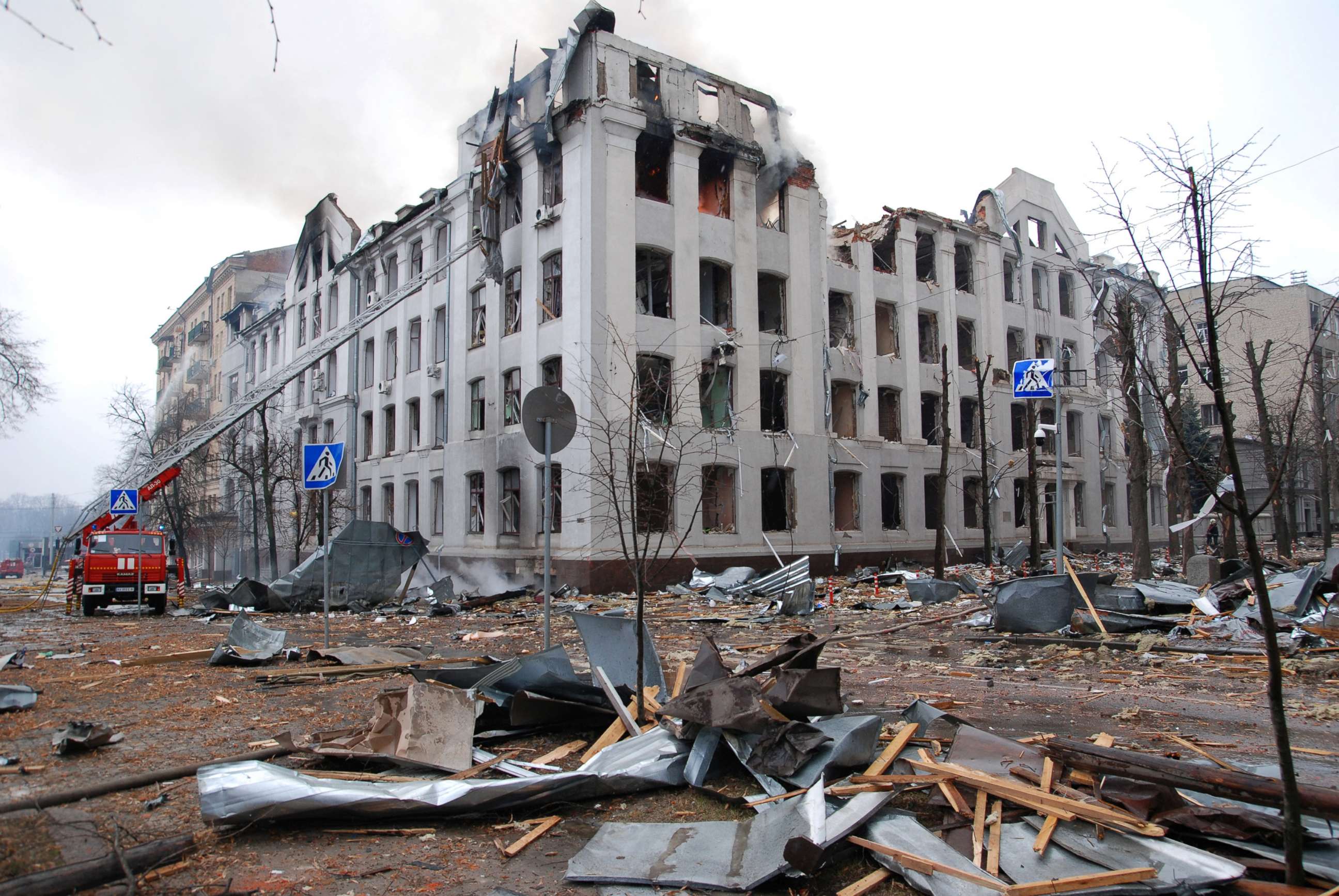 PHOTO: Firefighters work to extinguish a fire at the Kharkiv National University building, damaged by recent shelling, in Kharkiv, Ukraine, March 2, 2022. 