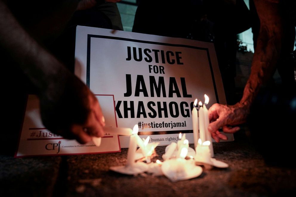 PHOTO: The Committee to Protect Journalists and other activists hold a vigil in front of the Saudi Embassy in Washington, D.C., to mark the anniversary of the killing of journalist Jamal Khashoggi at the kingdom's consulate in Istanbul, Oct. 2, 2019.