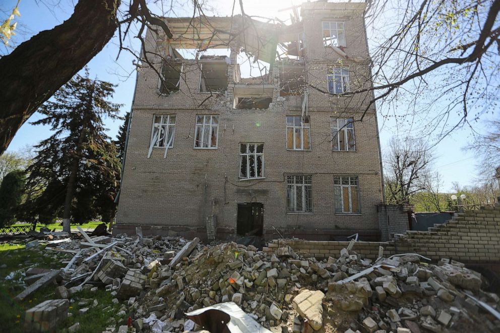 PHOTO: A view of a destroyed building amid Russia-Ukraine war in Kherson, Ukraine, on April 18, 2023. After Putin's visit was made public on Tuesday, Ukrainian officials said Russian forces had shelled the center of Kherson, killing one and injuring nine.