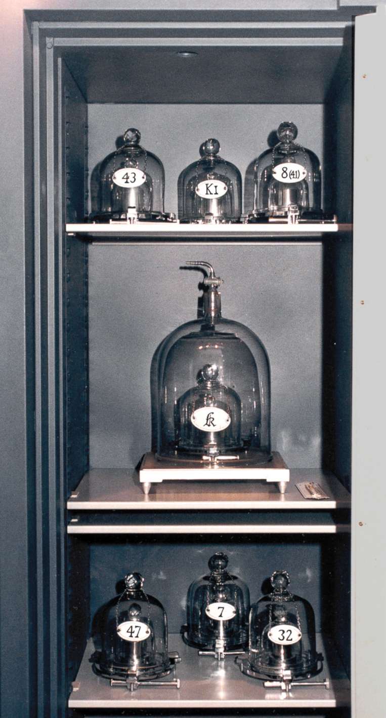 PHOTO: The international prototype for 1 Kilogram and its six official copies are pictured in a safe at the International Bureau of Weights and Measures in Sevres, France, circa 2001.