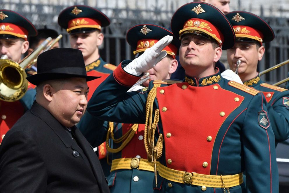 PHOTO: North Korean leader Kim Jong Un attends a ceremony upon his departure from Russia, outside the railway station in the far-eastern Russian port of Vladivostok on April 26, 2019.