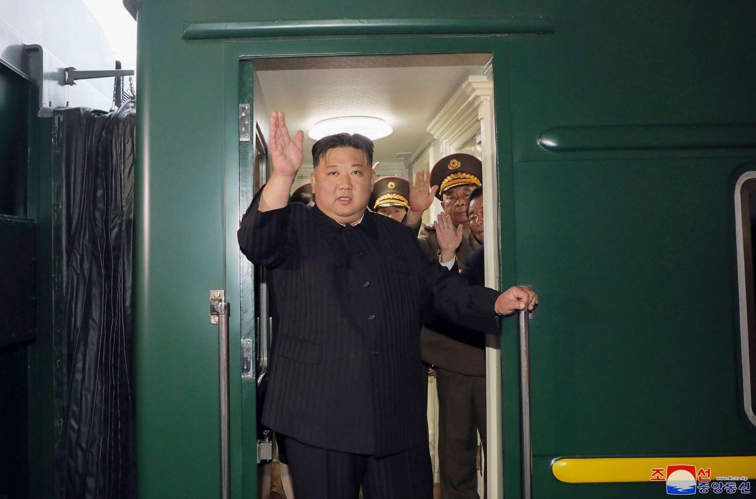 PHOTO: This Sept. 10, 2023, photo provided by the North Korean government shows that North Korea leader Kim Jong Un waves from a train in Pyongyang, North Korea, as he leaves for Russia.