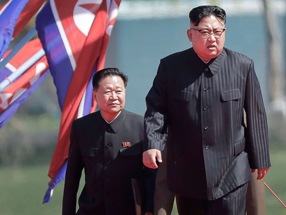 PHOTO: North Korean leader Kim Jong Un, right, and Choe Ryong Hae, vice-chairman of the central committee of the Workers Party, arrive for the official opening of the Ryomyong residential area, April 13, 2017, in Pyongyang, North Korea.