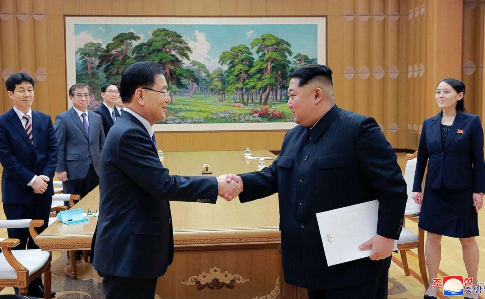 PHOTO: North Korean leader Kim Jong Un, right, shakes hands with South Korean National Security Director Chung Eui-yong after Chung gave Kim the letter from South Korean President Moon Jae-in, in Pyongyang, North Korea, March 5, 2018.