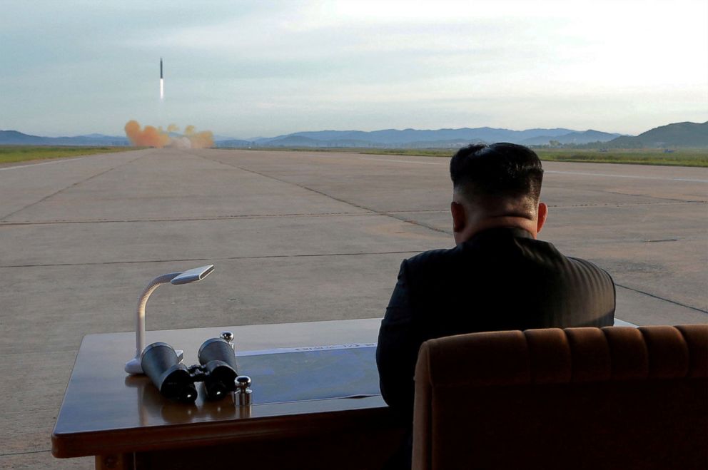 PHOTO: North Korean leader Kim Jong Un watches the launch of a Hwasong-12 missile in this undated photo released by North Korea's Korean Central News Agency (KCNA) on Sept. 16, 2017.