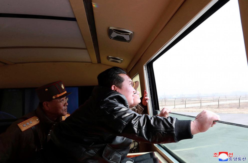 PHOTO: In this photo distributed by the North Korean government, North Korean leader Kim Jong Un watches what it says a test-fire of a Hwasong-17 intercontinental ballistic missile (ICBM), at an undisclosed location in North Korea, on March 24, 2022.