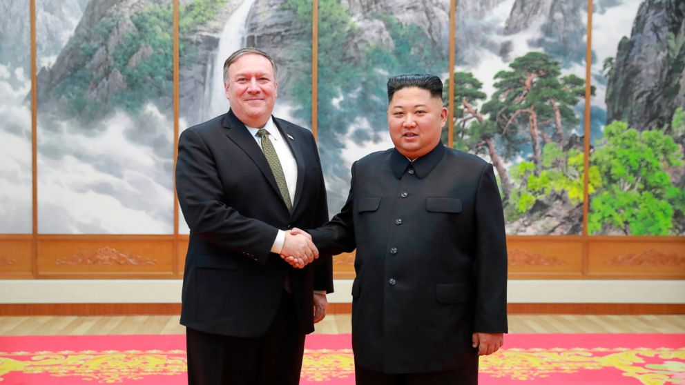 PHOTO: In this photo provided by the North Korean government, Secretary of State Mike Pompeo, left, shakes hands with North Korean leader Kim Jong Un as they pose for a photo in Pyongyang, North Korea, Oct. 7, 2018.