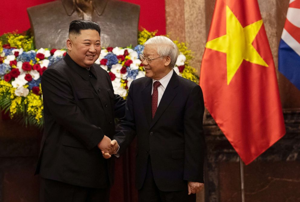 PHOTO: North Korea's leader Kim Jong Un, left, shakes hands with Vietnamese President Nguyen Phu Trong before their bilateral meeting at the Presidential Palace in Hanoi, Vietnam, March 1, 2019.