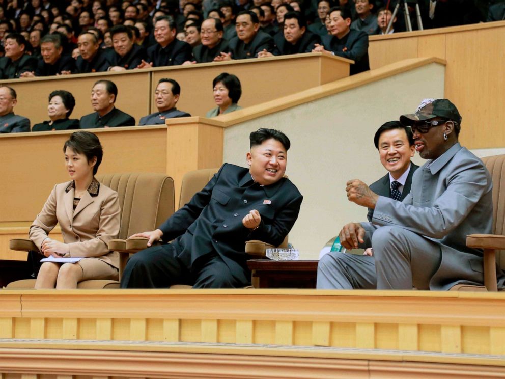 PHOTO: North Korean leader Kim Jong Un watches a basketball game between former NBA basketball players and North Korean players of the Hwaebul team of the DPRK with Dennis Rodman, Jan. 9, 2014.